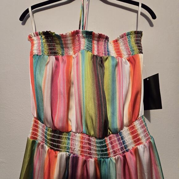 Boston Proper NWT Rainbow Stripe Maxi Dress Womens SM Tie Neck Colorful Boho - Picture 6 of 16